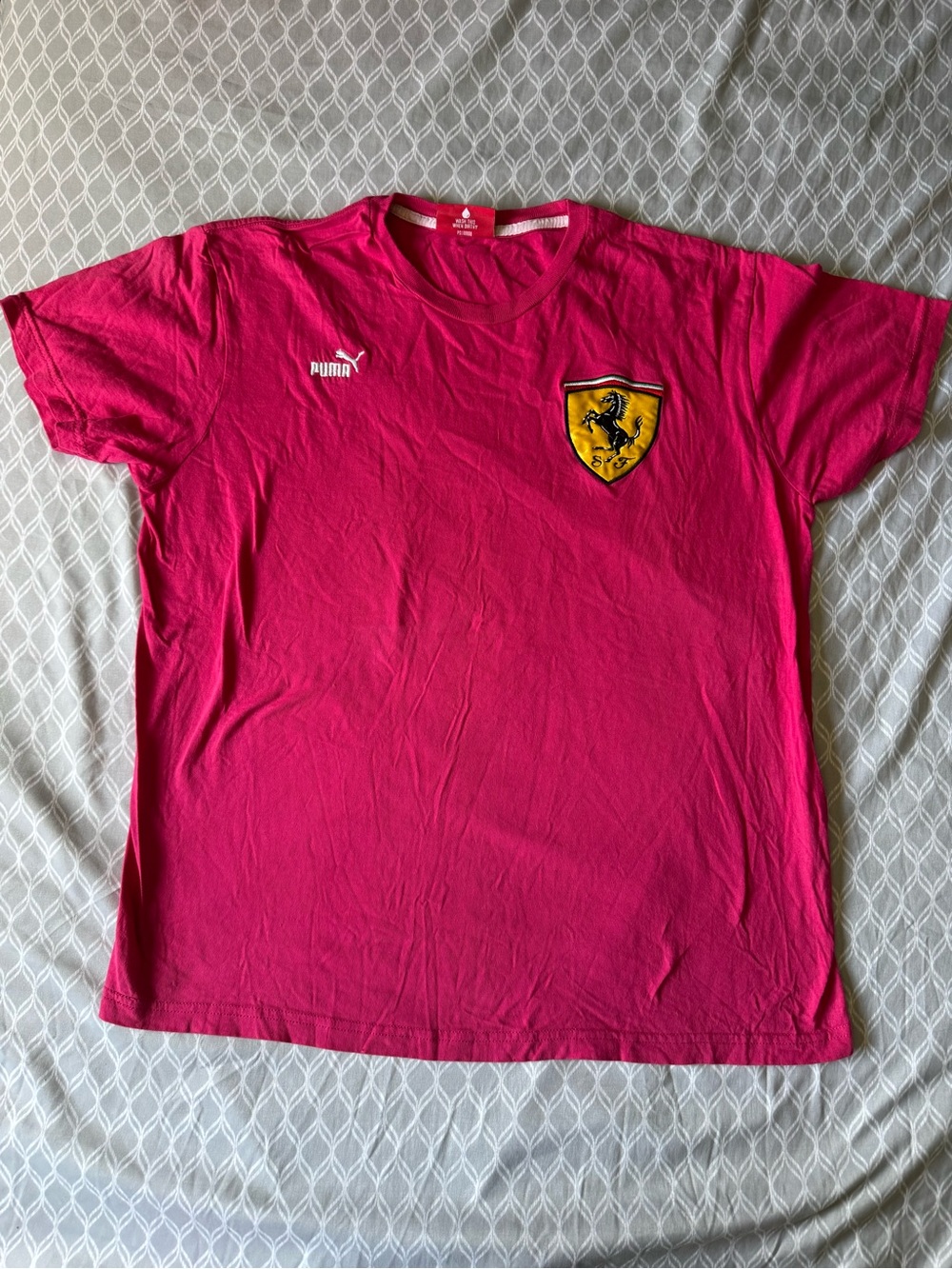Puma Women’s Hot Pink Short Sleeve Tee with Yellow Ferrari Shield